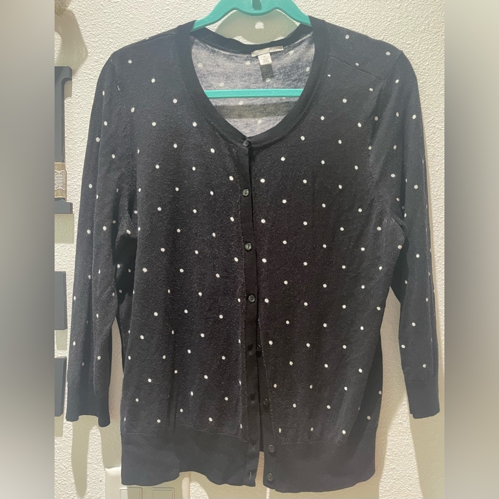 Women's Halogen Sweater XL Black White Polka Dot 3/4 Sleeve Cardigan